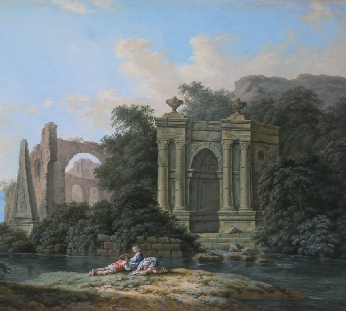 18th Century French School, Italian Landscape With Ruins, Drawing, Neoclassical Gouache-photo-4