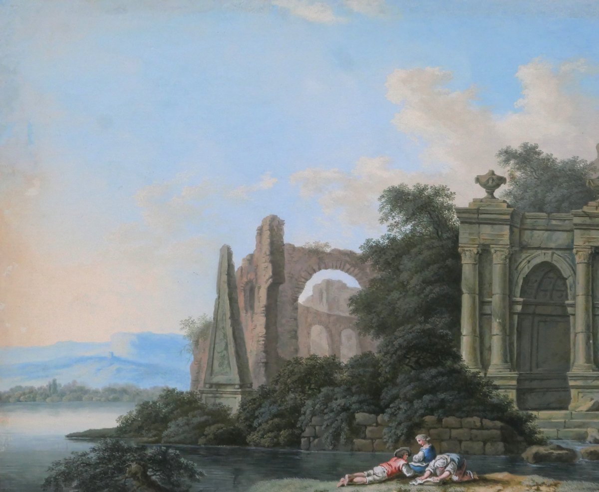 18th Century French School, Italian Landscape With Ruins, Drawing, Neoclassical Gouache-photo-1