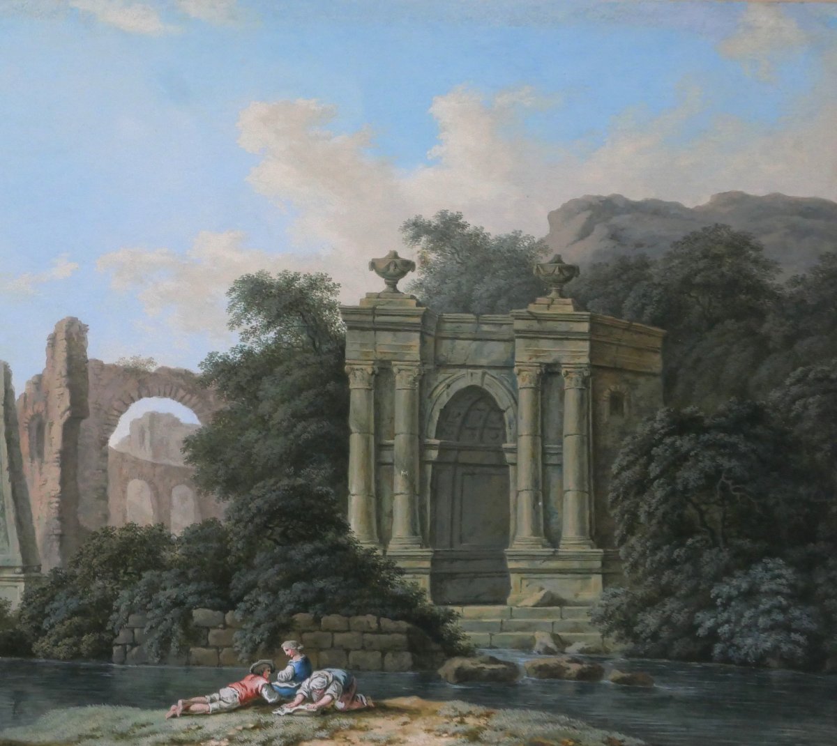 18th Century French School, Italian Landscape With Ruins, Drawing, Neoclassical Gouache-photo-2
