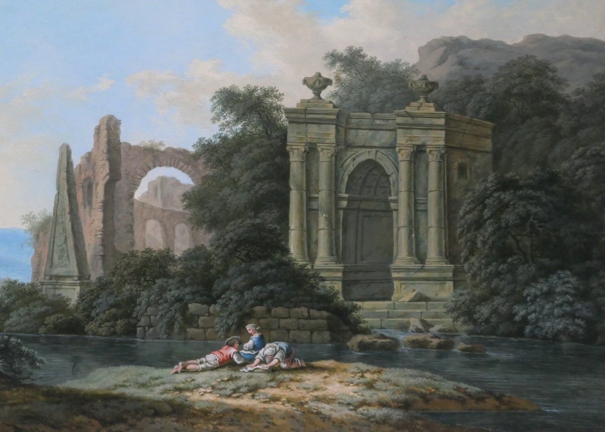 18th Century French School, Italian Landscape With Ruins, Drawing, Neoclassical Gouache-photo-3