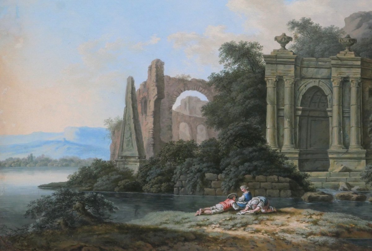 18th Century French School, Italian Landscape With Ruins, Drawing, Neoclassical Gouache-photo-4