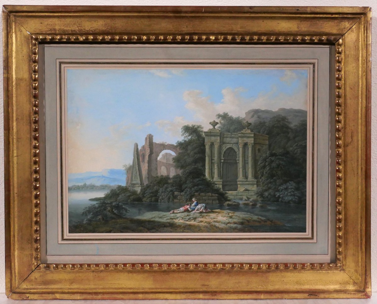 18th Century French School, Italian Landscape With Ruins, Drawing, Neoclassical Gouache