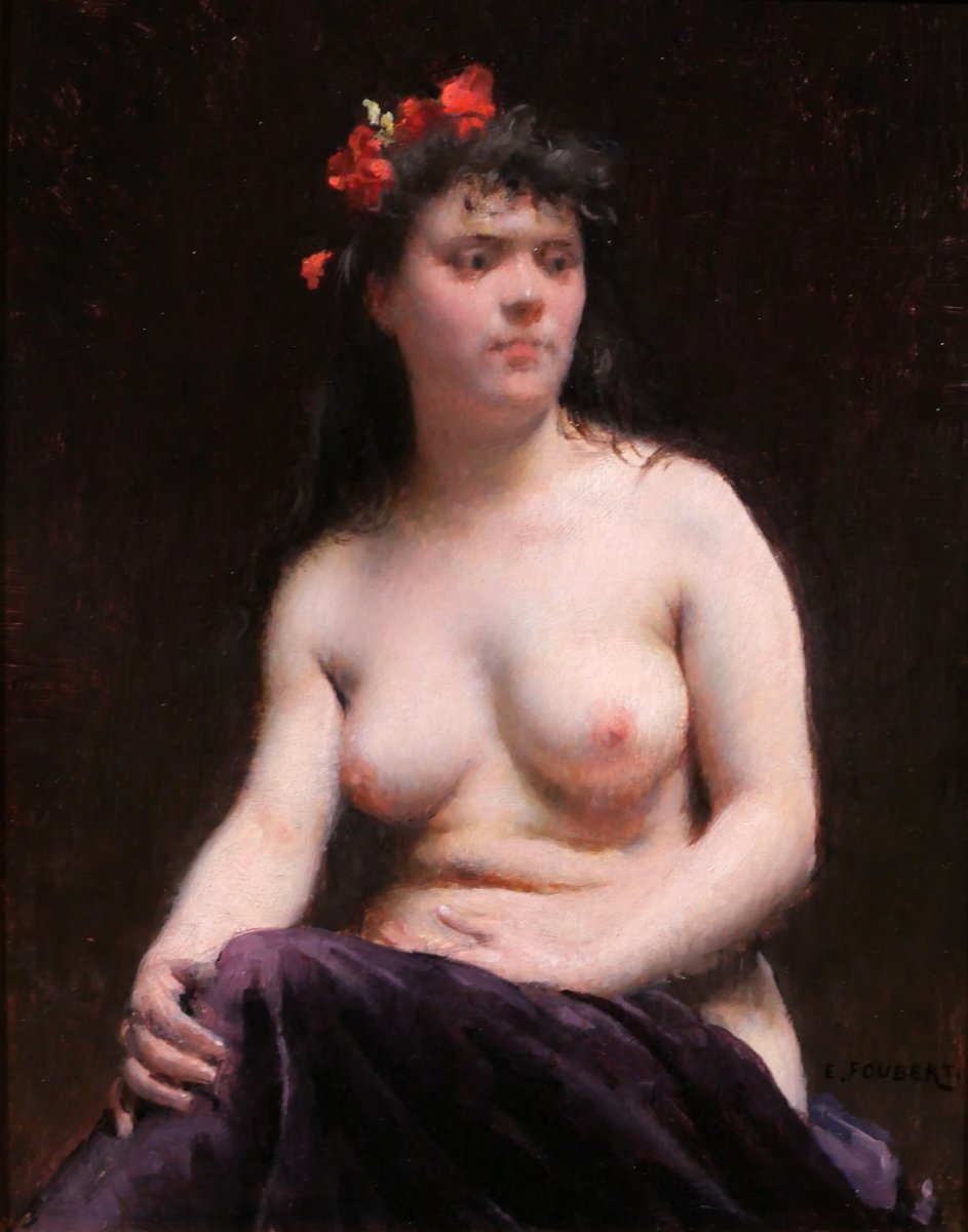 Emile Foubert 1848–1911 Woman With Nude Breasts And Flowers, Painting, Ca. 1890–1900
