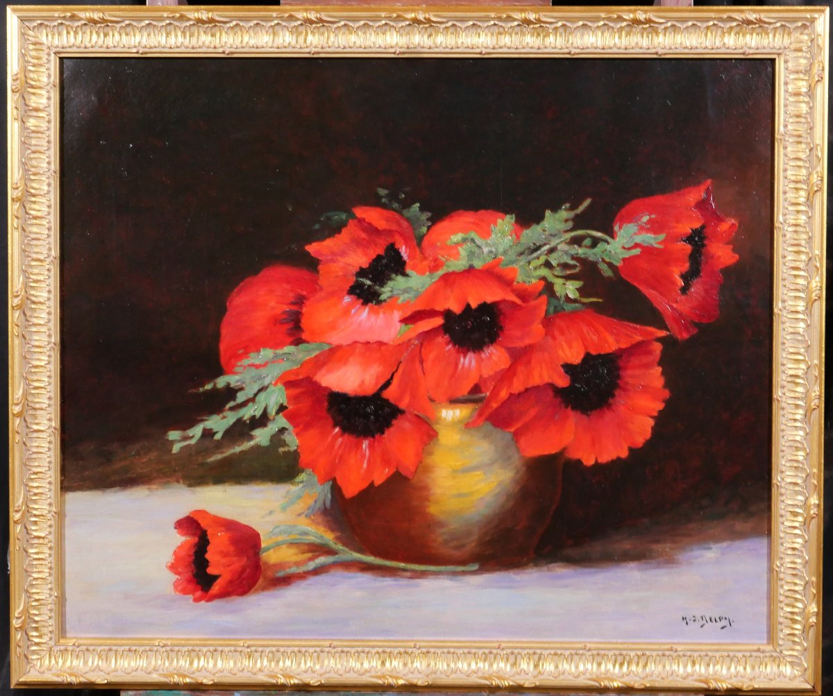 Henry Jacques DELPY 1877-1957 Fleurs de pavot, tableau vers 1920 nature morte bouquet jardin-photo-2