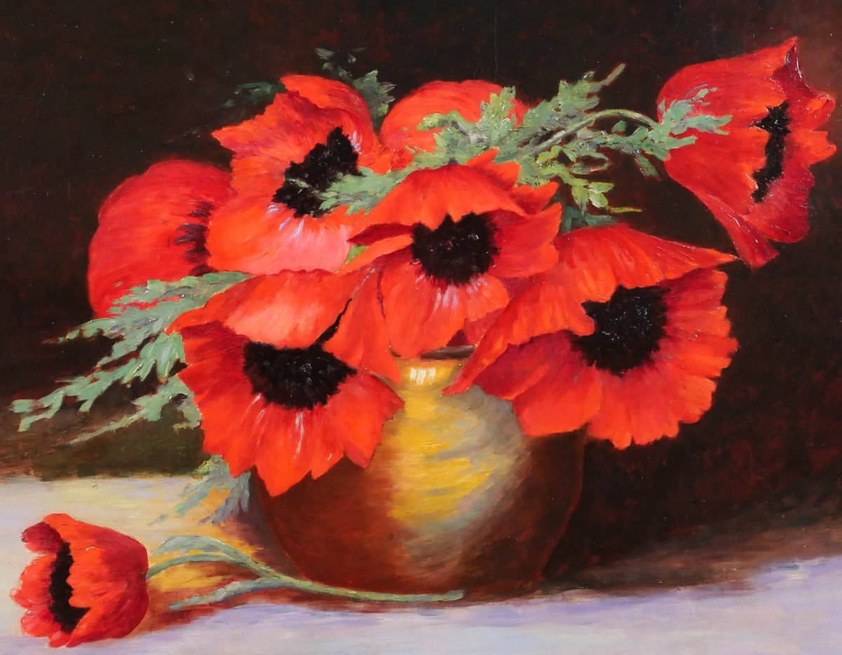 Henry Jacques DELPY 1877-1957 Fleurs de pavot, tableau vers 1920 nature morte bouquet jardin-photo-3