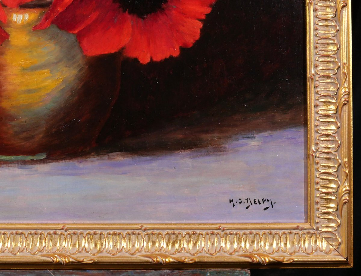 Henry Jacques DELPY 1877-1957 Fleurs de pavot, tableau vers 1920 nature morte bouquet jardin-photo-5