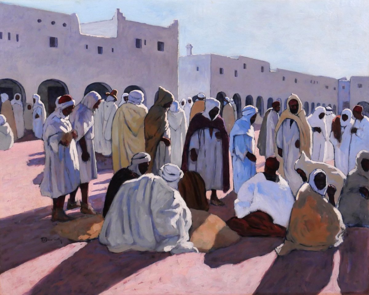 Maurice BOUVIOLLE 1893-1971 Algérie, Marché à Ghardaia, tableau 1928 orientalisme Majorelle