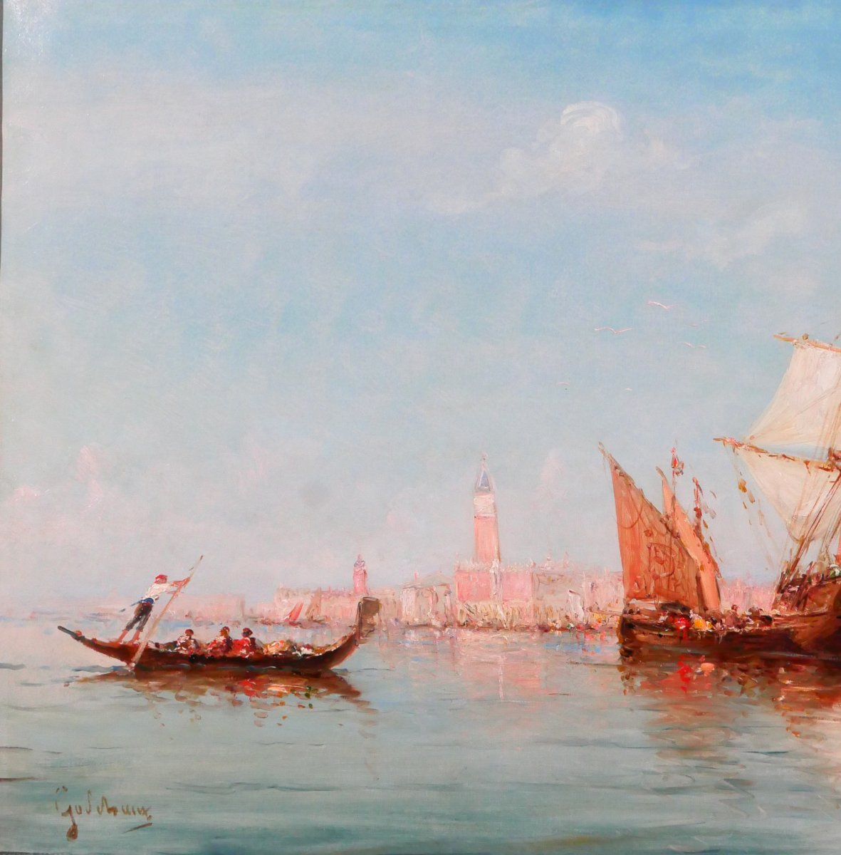 Emile GODCHAUX 1860-1938 Bateaux à Venise, très grand tableau vers 1900, marine Italie paysage-photo-3