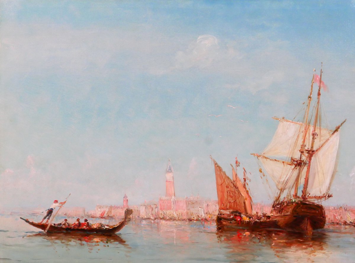 Emile GODCHAUX 1860-1938 Bateaux à Venise, très grand tableau vers 1900, marine Italie paysage-photo-1
