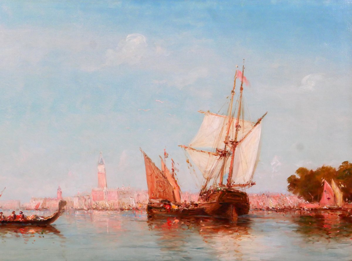 Emile GODCHAUX 1860-1938 Bateaux à Venise, très grand tableau vers 1900, marine Italie paysage-photo-2
