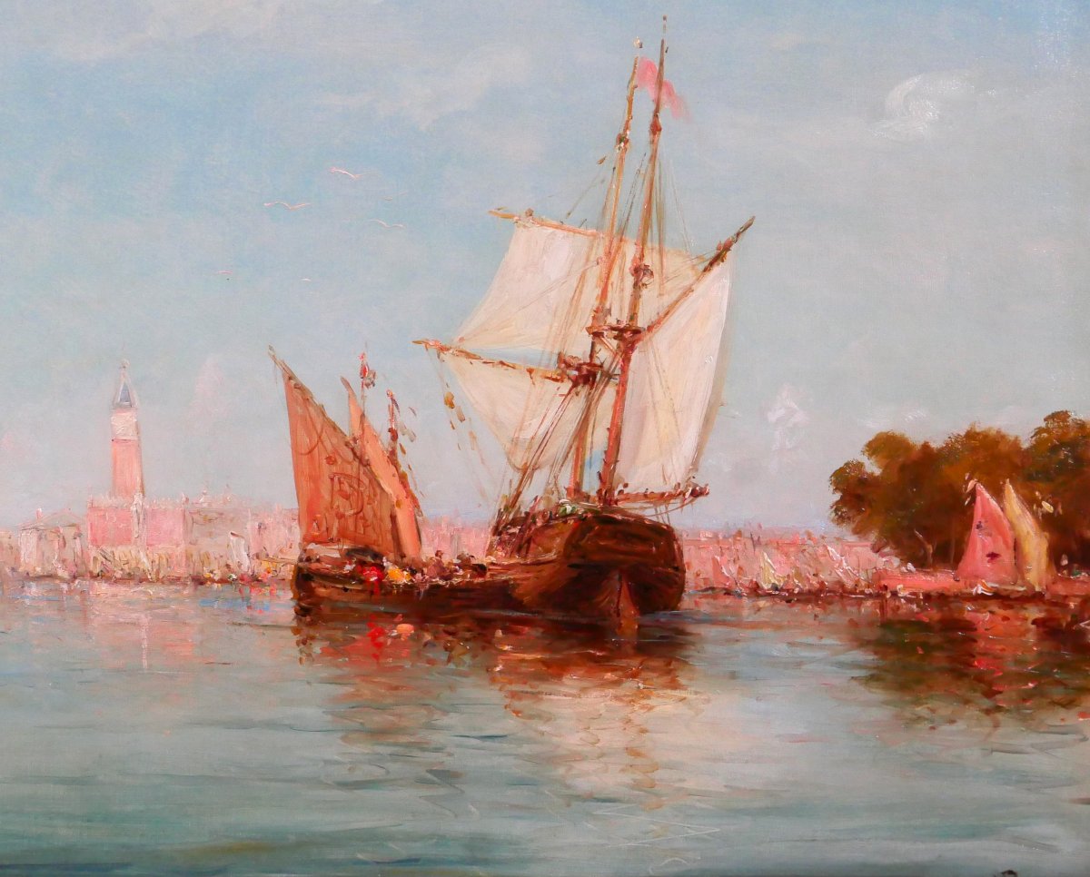 Emile GODCHAUX 1860-1938 Bateaux à Venise, très grand tableau vers 1900, marine Italie paysage-photo-3