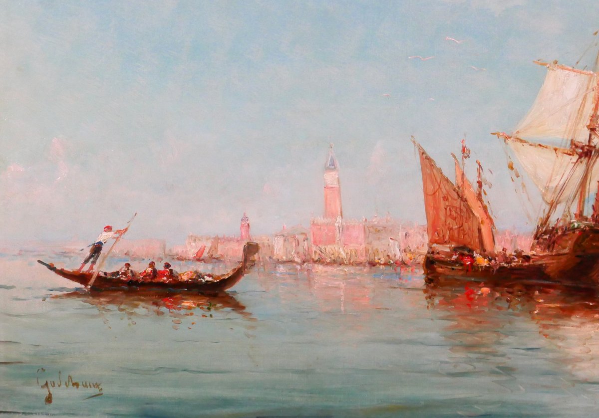 Emile GODCHAUX 1860-1938 Bateaux à Venise, très grand tableau vers 1900, marine Italie paysage-photo-4