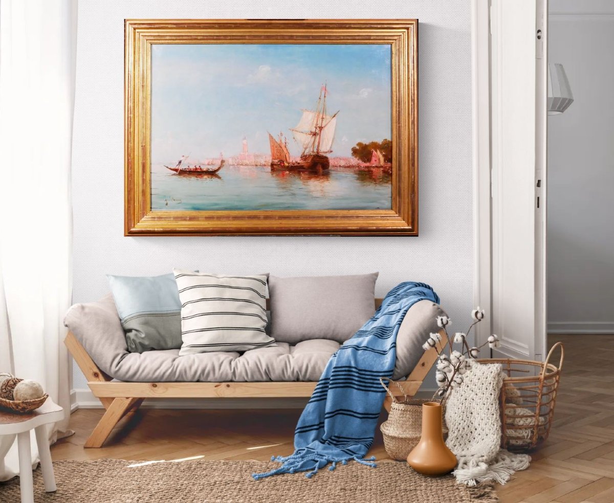Emile GODCHAUX 1860-1938 Bateaux à Venise, très grand tableau vers 1900, marine Italie paysage-photo-5