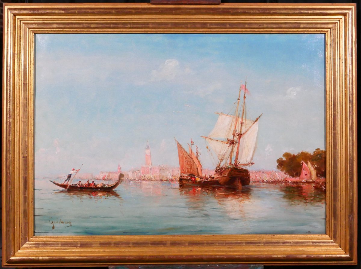 Emile GODCHAUX 1860-1938 Bateaux à Venise, très grand tableau vers 1900, marine Italie paysage