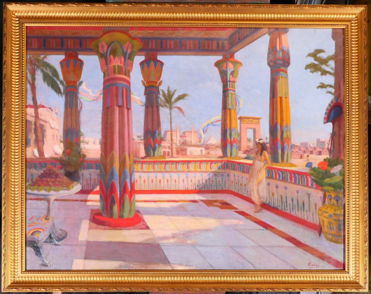 Roberto COLIN 1879-1935 Egypte, terrase à Louxor, grand tableau, Salon, 1924-25 paysage Karnak-photo-2