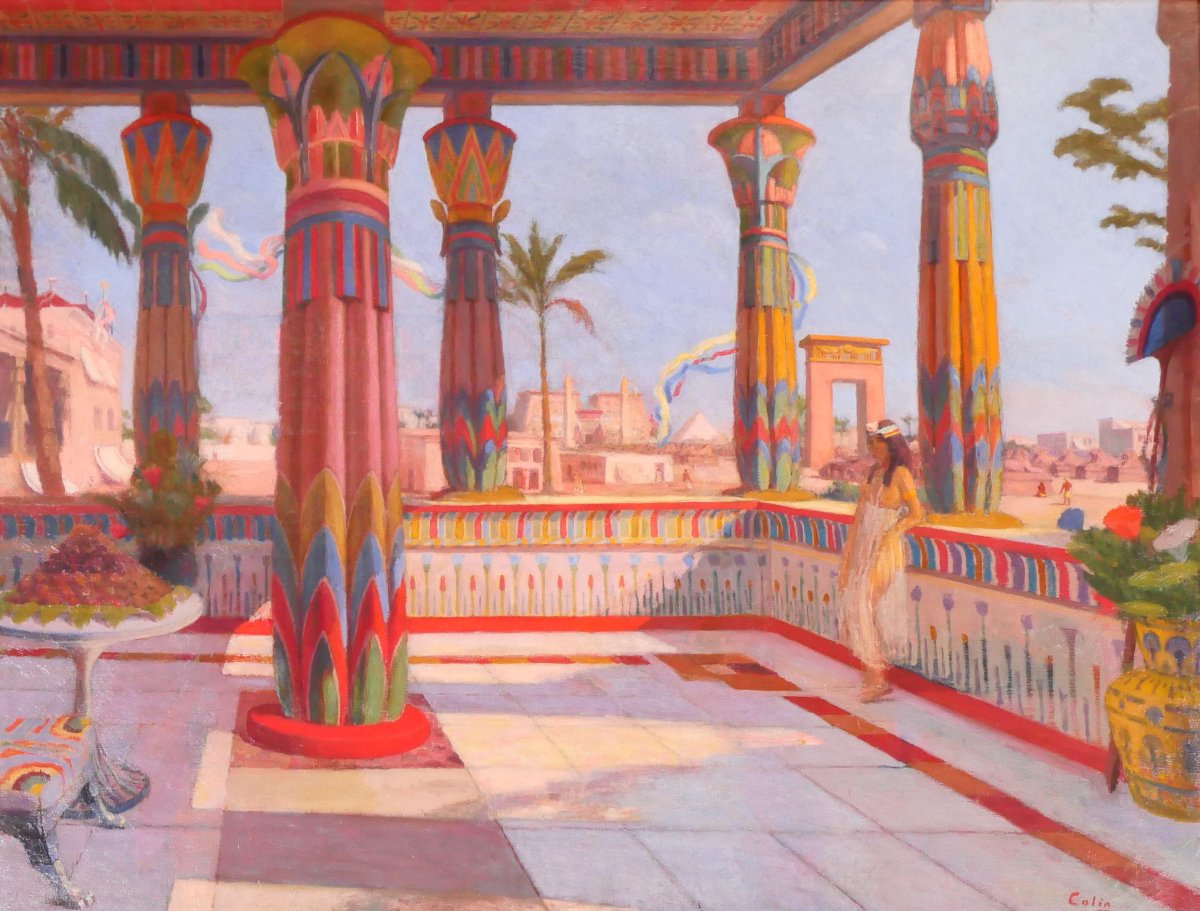 Roberto COLIN 1879-1935 Egypte, terrase à Louxor, grand tableau, Salon, 1924-25 paysage Karnak