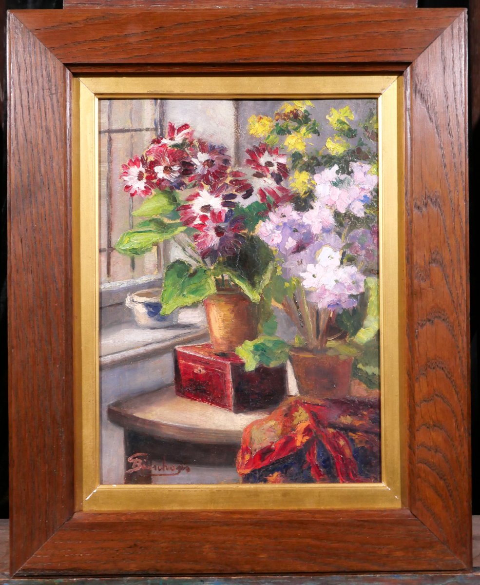 Gabrielle BISSCHOPS 1887-1975 Fleurs devant la fenêtre, tableau vers 1920-30 nature morte-photo-2