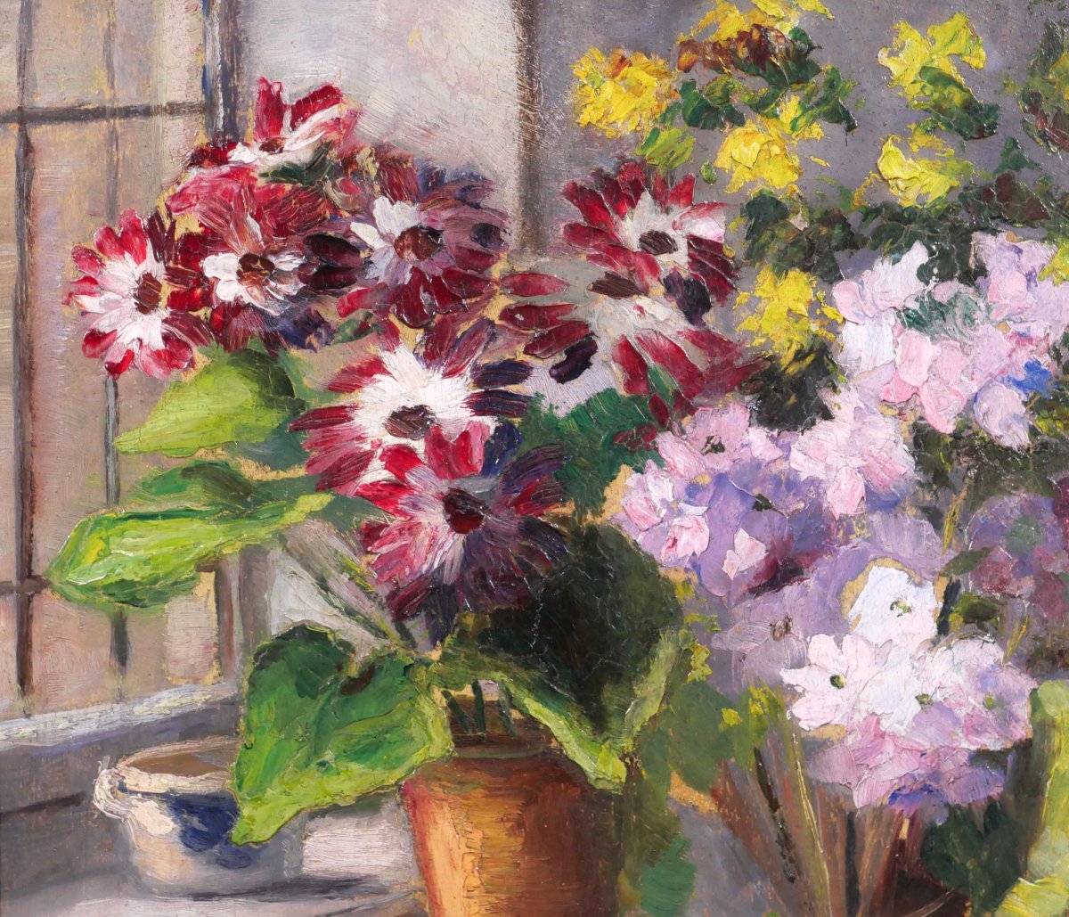 Gabrielle BISSCHOPS 1887-1975 Fleurs devant la fenêtre, tableau vers 1920-30 nature morte-photo-3