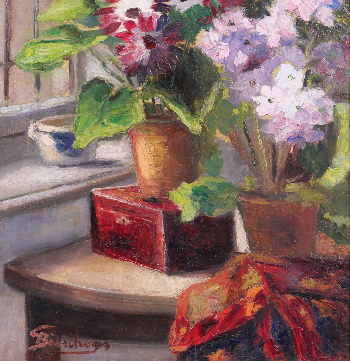 Gabrielle BISSCHOPS 1887-1975 Fleurs devant la fenêtre, tableau vers 1920-30 nature morte-photo-4