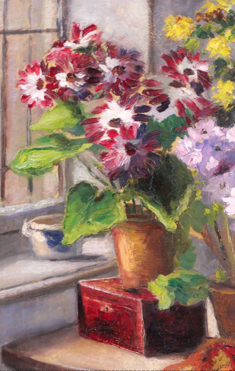 Gabrielle BISSCHOPS 1887-1975 Fleurs devant la fenêtre, tableau vers 1920-30 nature morte-photo-1