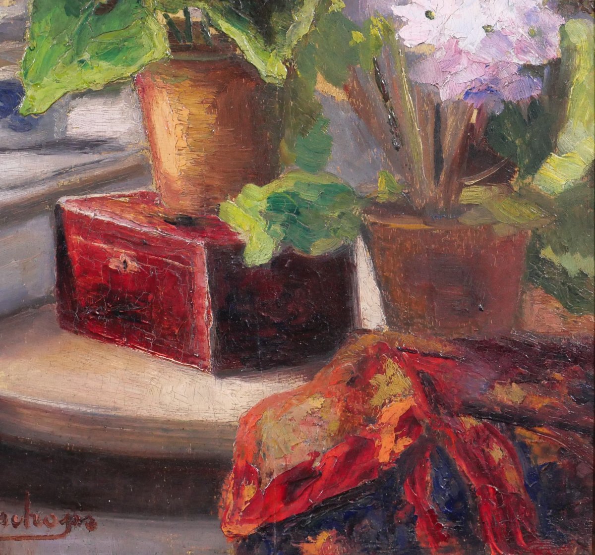 Gabrielle BISSCHOPS 1887-1975 Fleurs devant la fenêtre, tableau vers 1920-30 nature morte-photo-3