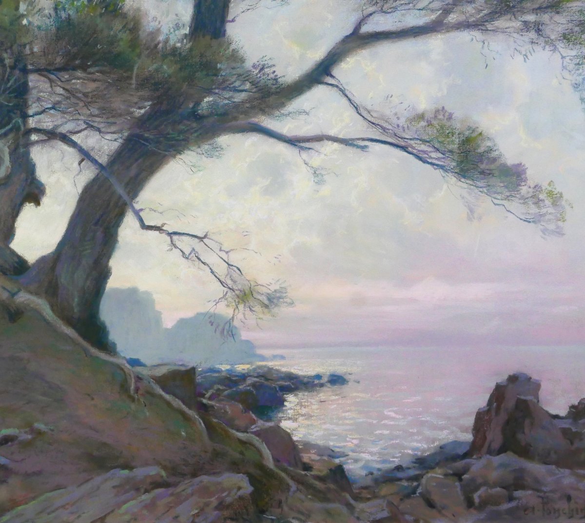 Antoine Ponchin 1872–1933 Sunset, Light Effects, Large Pastel, C. 1910, Marseille Painting-photo-4