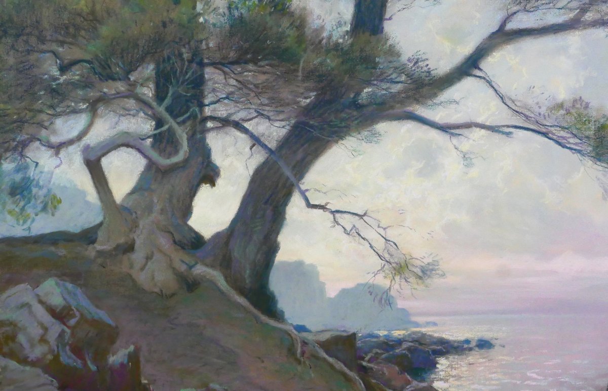 Antoine Ponchin 1872–1933 Sunset, Light Effects, Large Pastel, C. 1910, Marseille Painting-photo-1