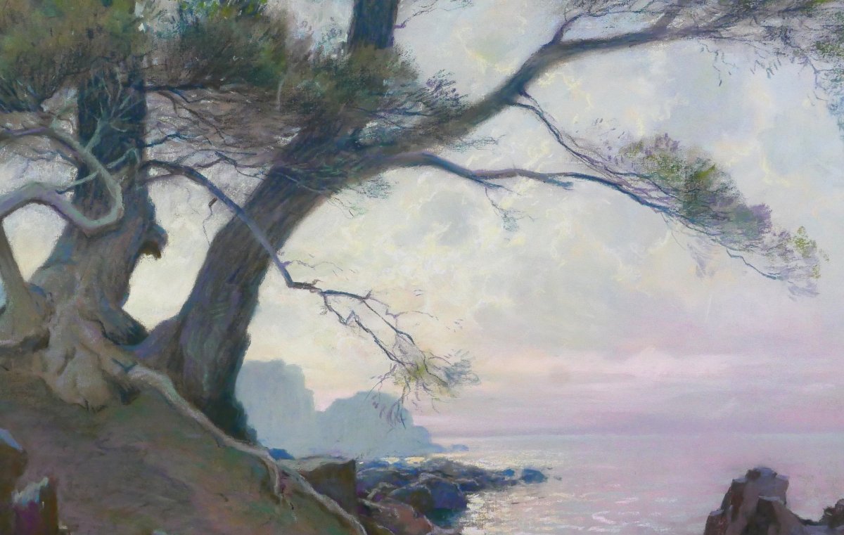 Antoine Ponchin 1872–1933 Sunset, Light Effects, Large Pastel, C. 1910, Marseille Painting-photo-2