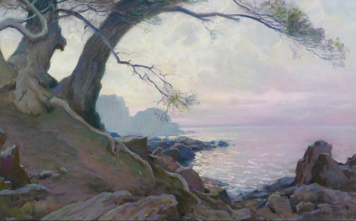 Antoine Ponchin 1872–1933 Sunset, Light Effects, Large Pastel, C. 1910, Marseille Painting-photo-3