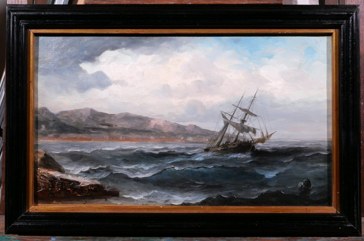 Auguste MUSIN 1852-1923 Paysage de mer au bateau, tableau, vers 1880-85 marine-photo-2