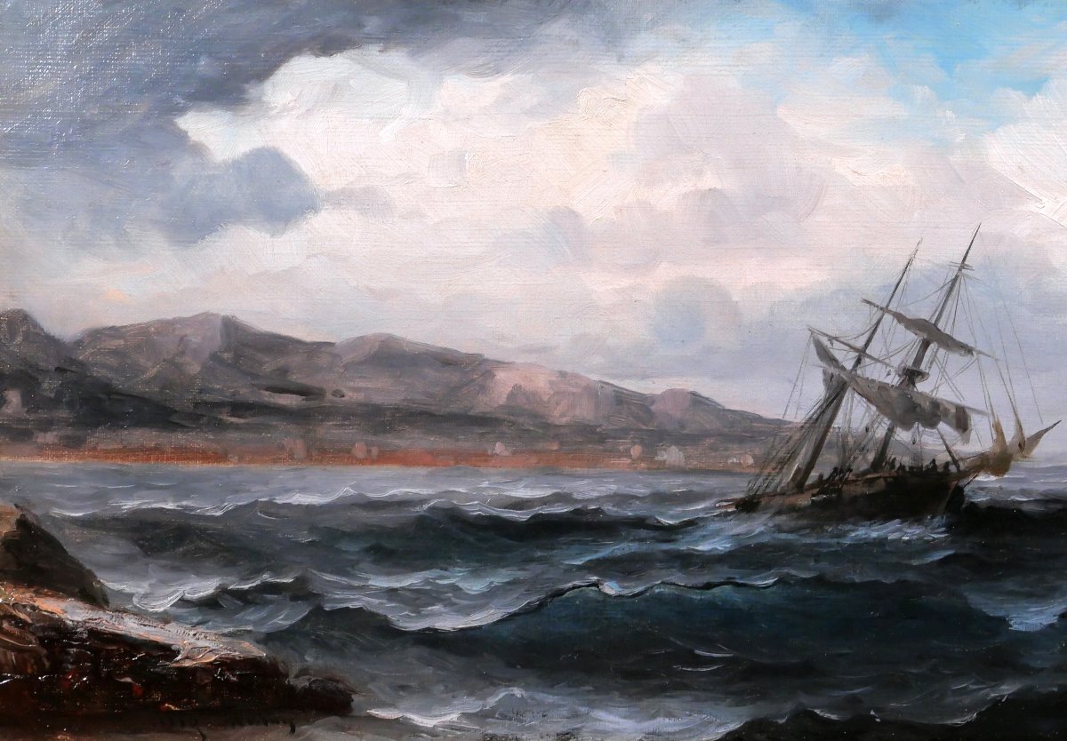 Auguste MUSIN 1852-1923 Paysage de mer au bateau, tableau, vers 1880-85 marine-photo-3