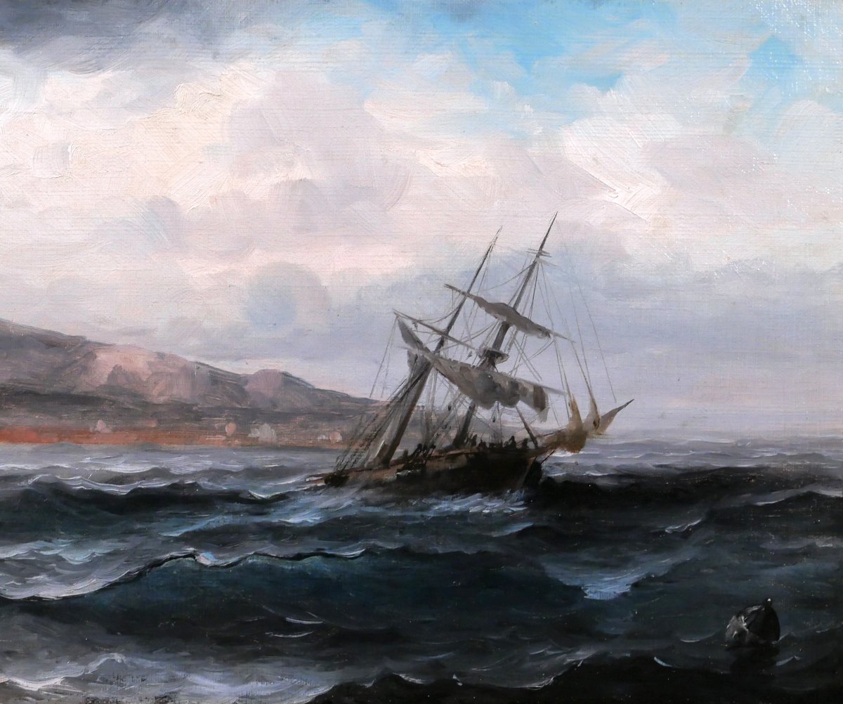 Auguste MUSIN 1852-1923 Paysage de mer au bateau, tableau, vers 1880-85 marine-photo-4
