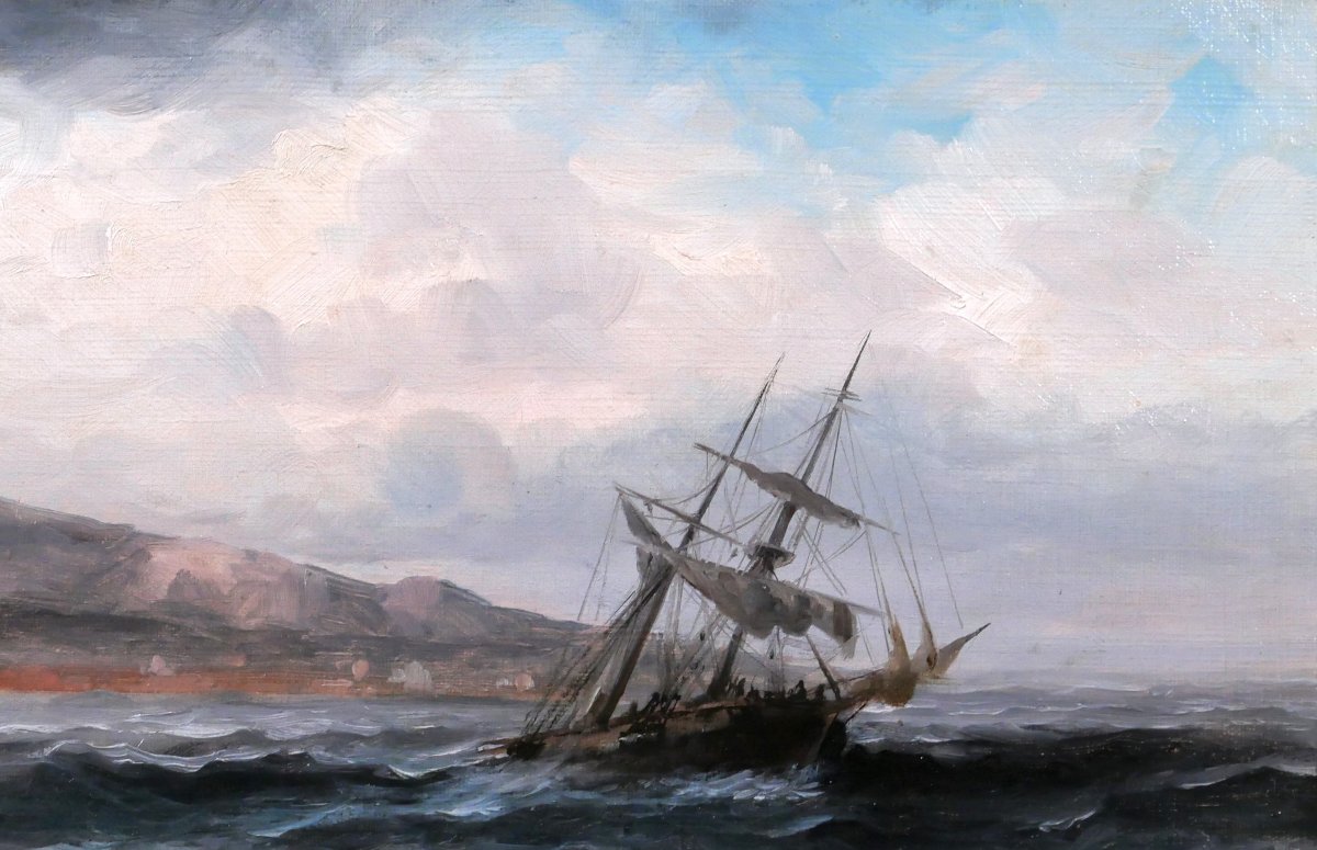Auguste MUSIN 1852-1923 Paysage de mer au bateau, tableau, vers 1880-85 marine-photo-2
