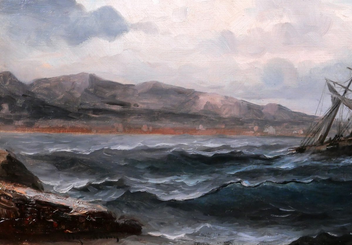 Auguste MUSIN 1852-1923 Paysage de mer au bateau, tableau, vers 1880-85 marine-photo-4