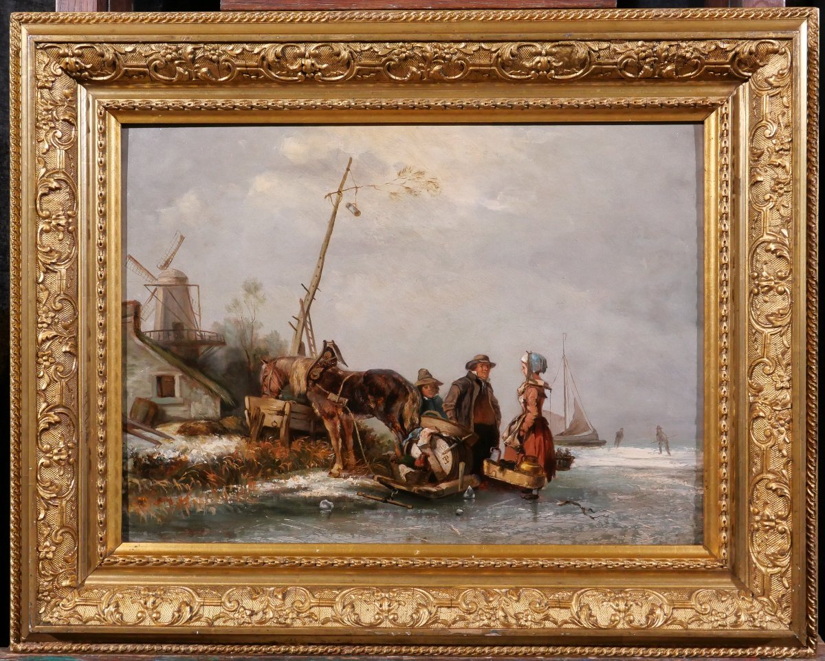 Eugène Lepoittevin 1809-1870 Pays-Bas, scène de genre aux patineurs, tableau 1840-50 paysage-photo-2