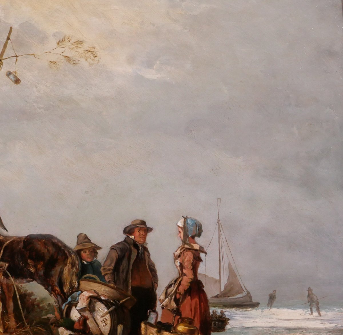 Eugène Lepoittevin 1809-1870 Pays-Bas, scène de genre aux patineurs, tableau 1840-50 paysage-photo-2