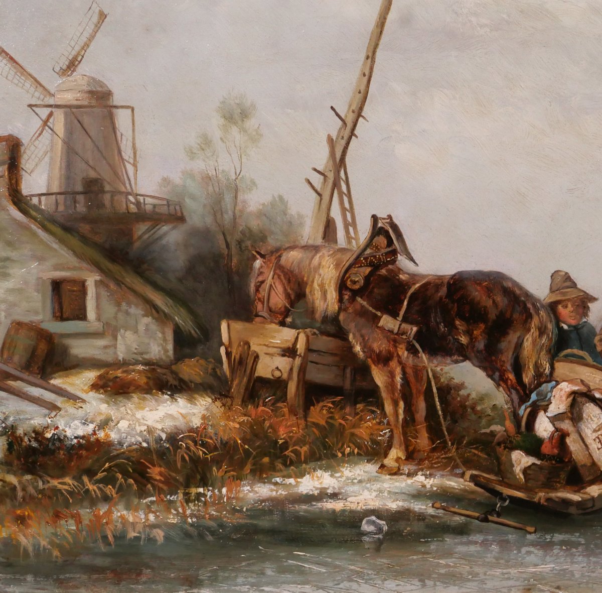 Eugène Lepoittevin 1809-1870 Pays-Bas, scène de genre aux patineurs, tableau 1840-50 paysage-photo-4