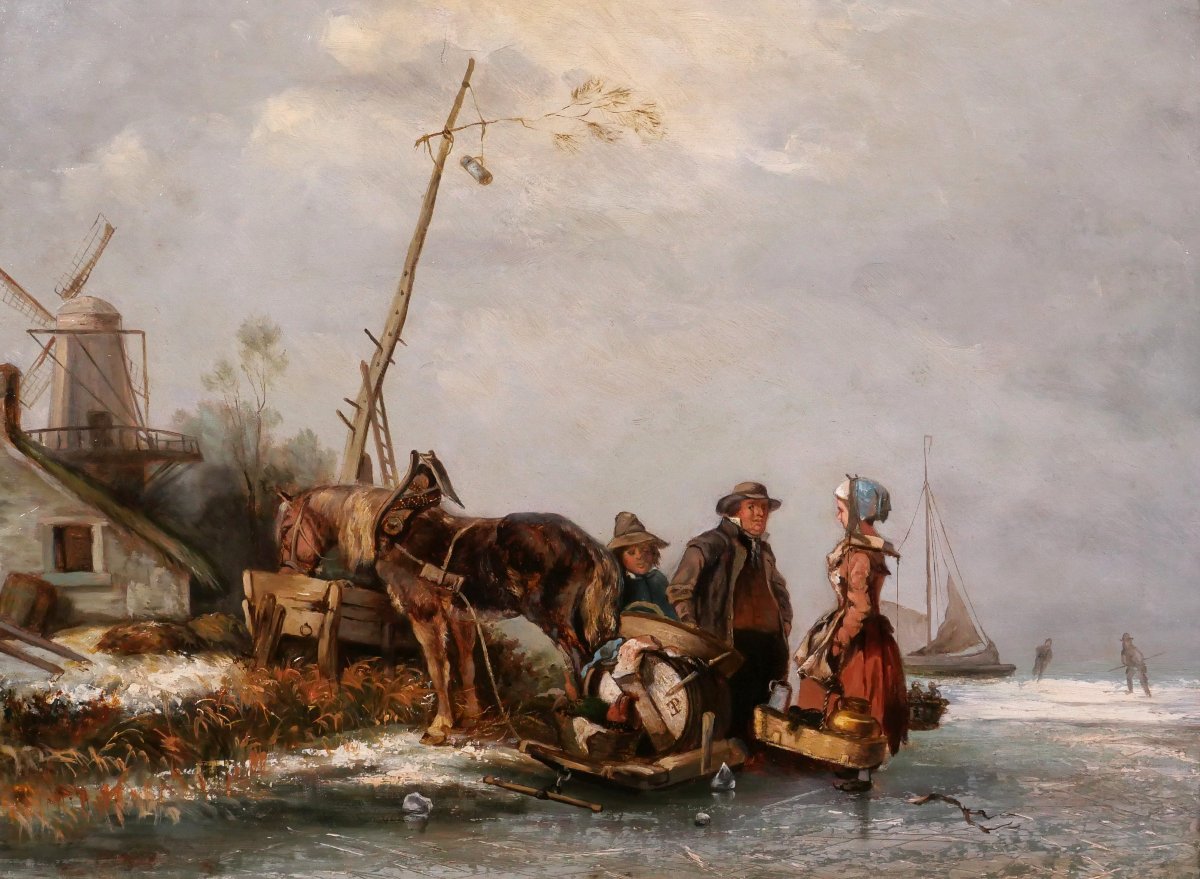 Eugène Lepoittevin 1809-1870 Pays-Bas, scène de genre aux patineurs, tableau 1840-50 paysage