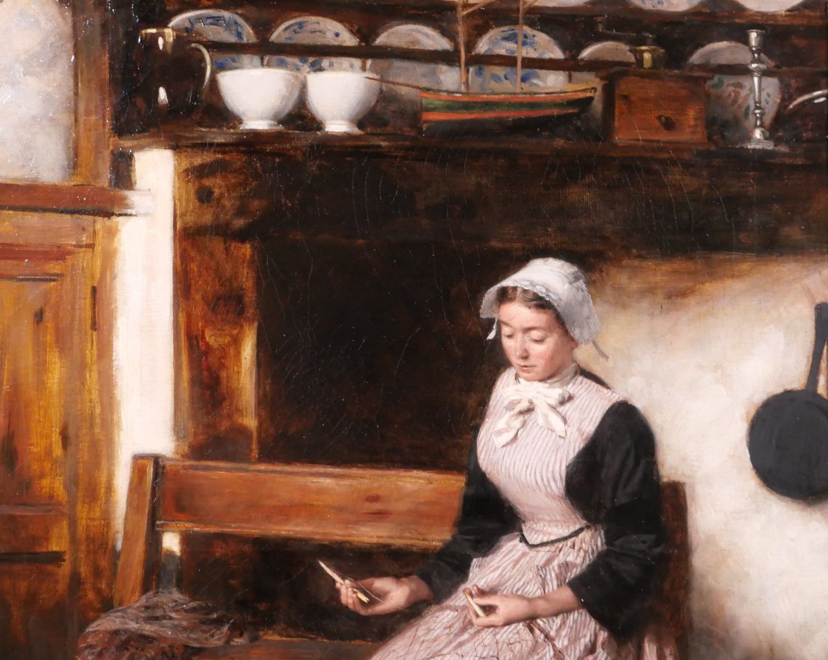 Alexandre Brun 1853–1941 Brittany, Woman Mending Nets, Painting Circa 1890–1900, Fisherman-photo-3