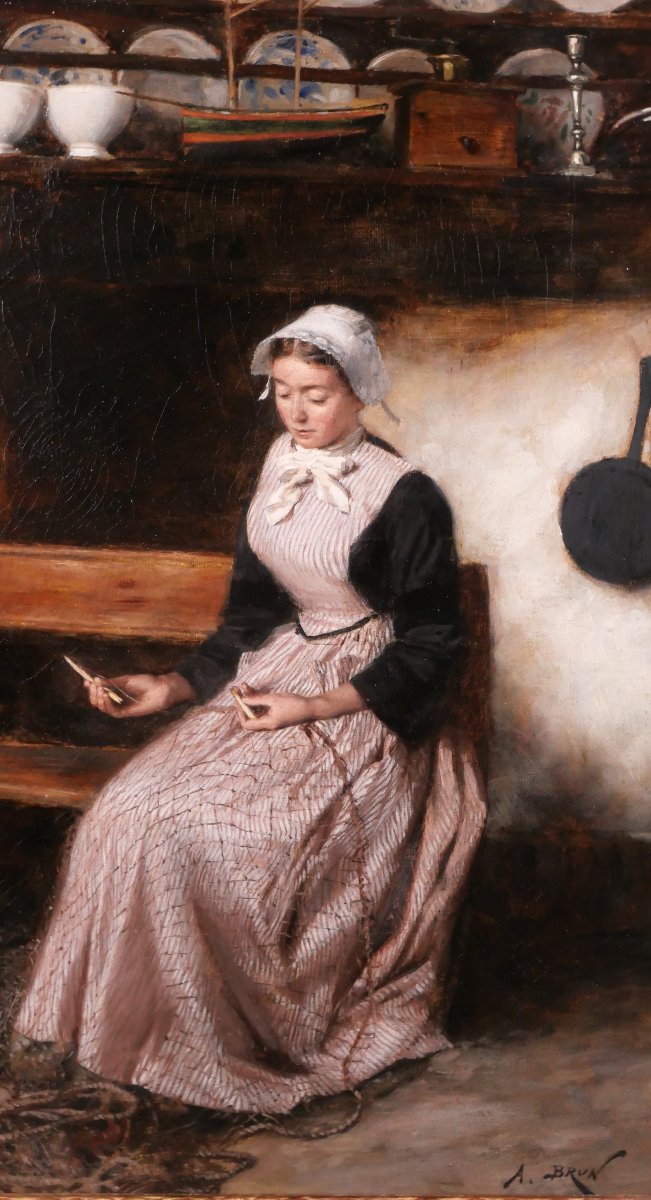 Alexandre Brun 1853–1941 Brittany, Woman Mending Nets, Painting Circa 1890–1900, Fisherman-photo-3