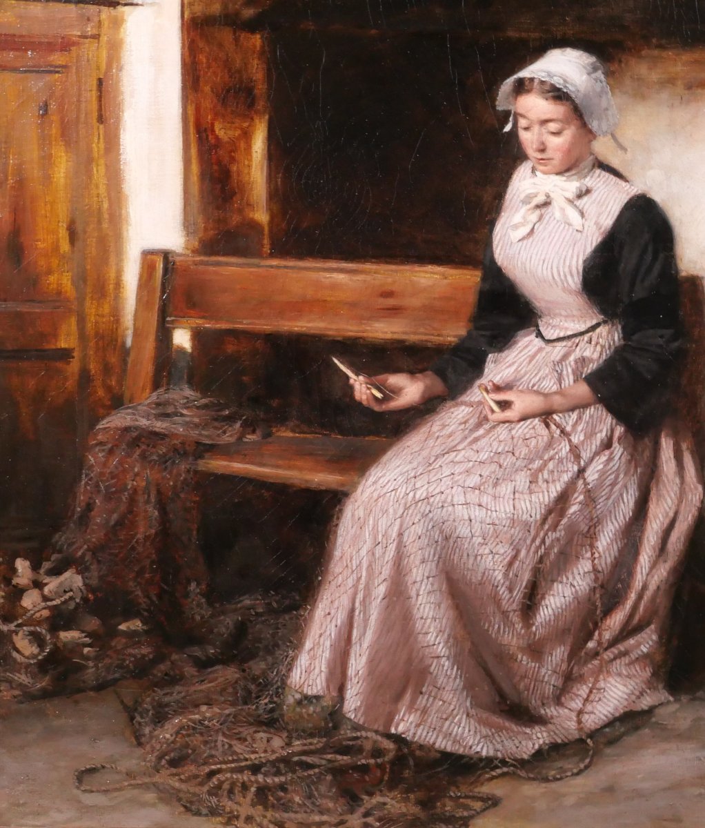 Alexandre Brun 1853–1941 Brittany, Woman Mending Nets, Painting Circa 1890–1900, Fisherman-photo-4