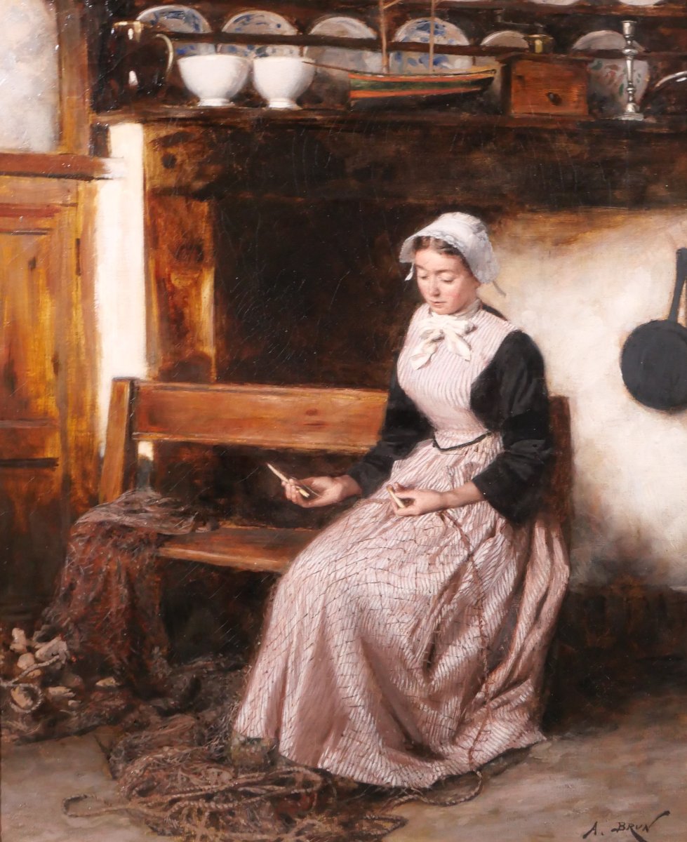 Alexandre Brun 1853–1941 Brittany, Woman Mending Nets, Painting Circa 1890–1900, Fisherman