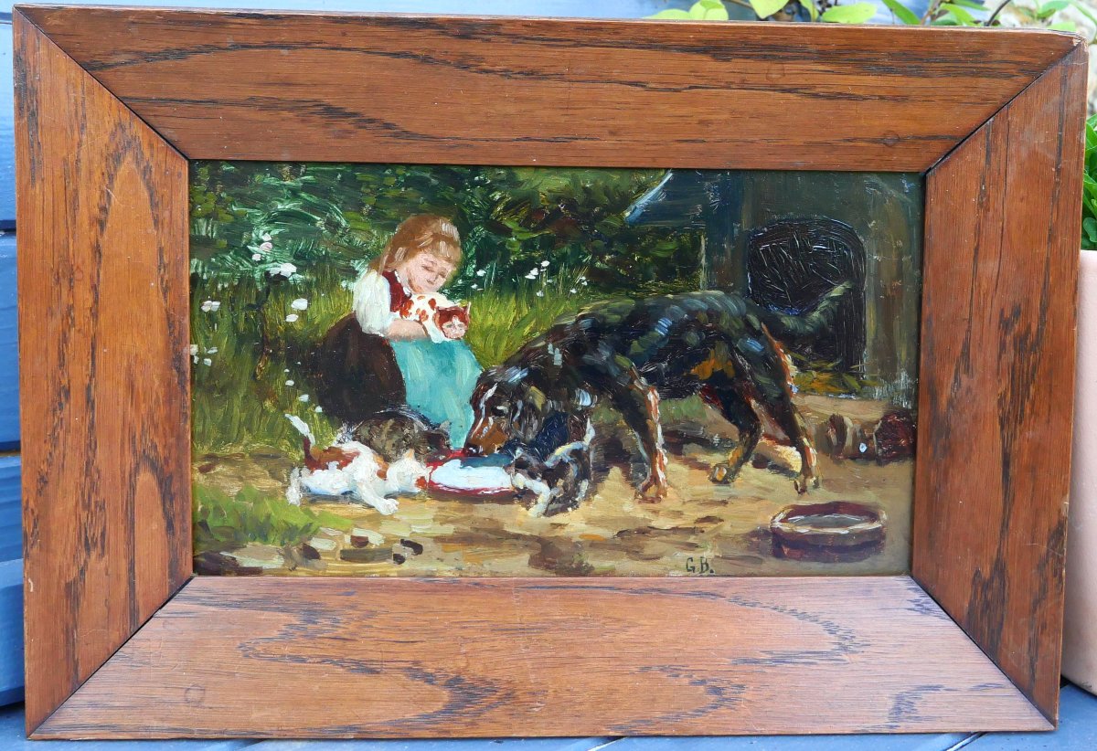 Ecole 19e Chien et chats, tableau monogramme GB impressionnisme animaux setter gordon-photo-2
