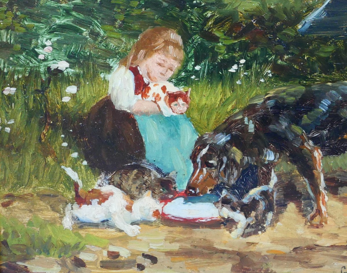 Ecole 19e Chien et chats, tableau monogramme GB impressionnisme animaux setter gordon-photo-3