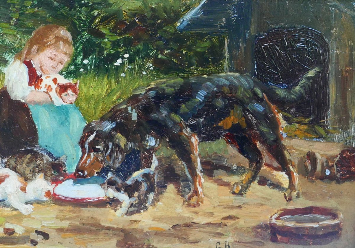 Ecole 19e Chien et chats, tableau monogramme GB impressionnisme animaux setter gordon-photo-4
