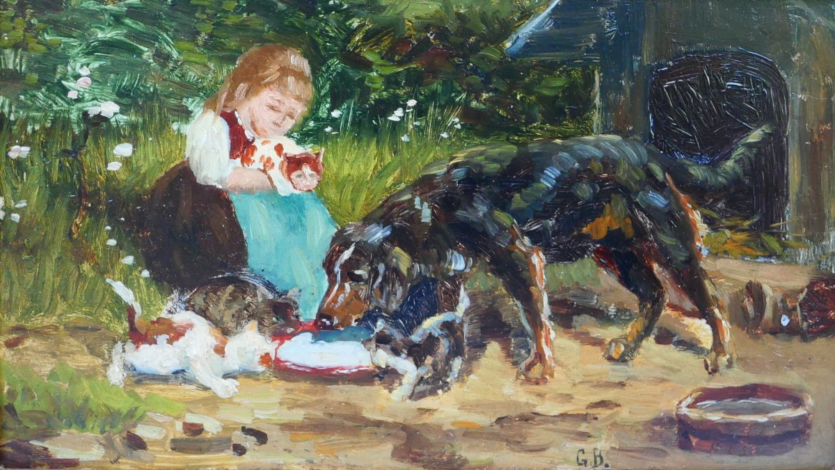 Ecole 19e Chien et chats, tableau monogramme GB impressionnisme animaux setter gordon