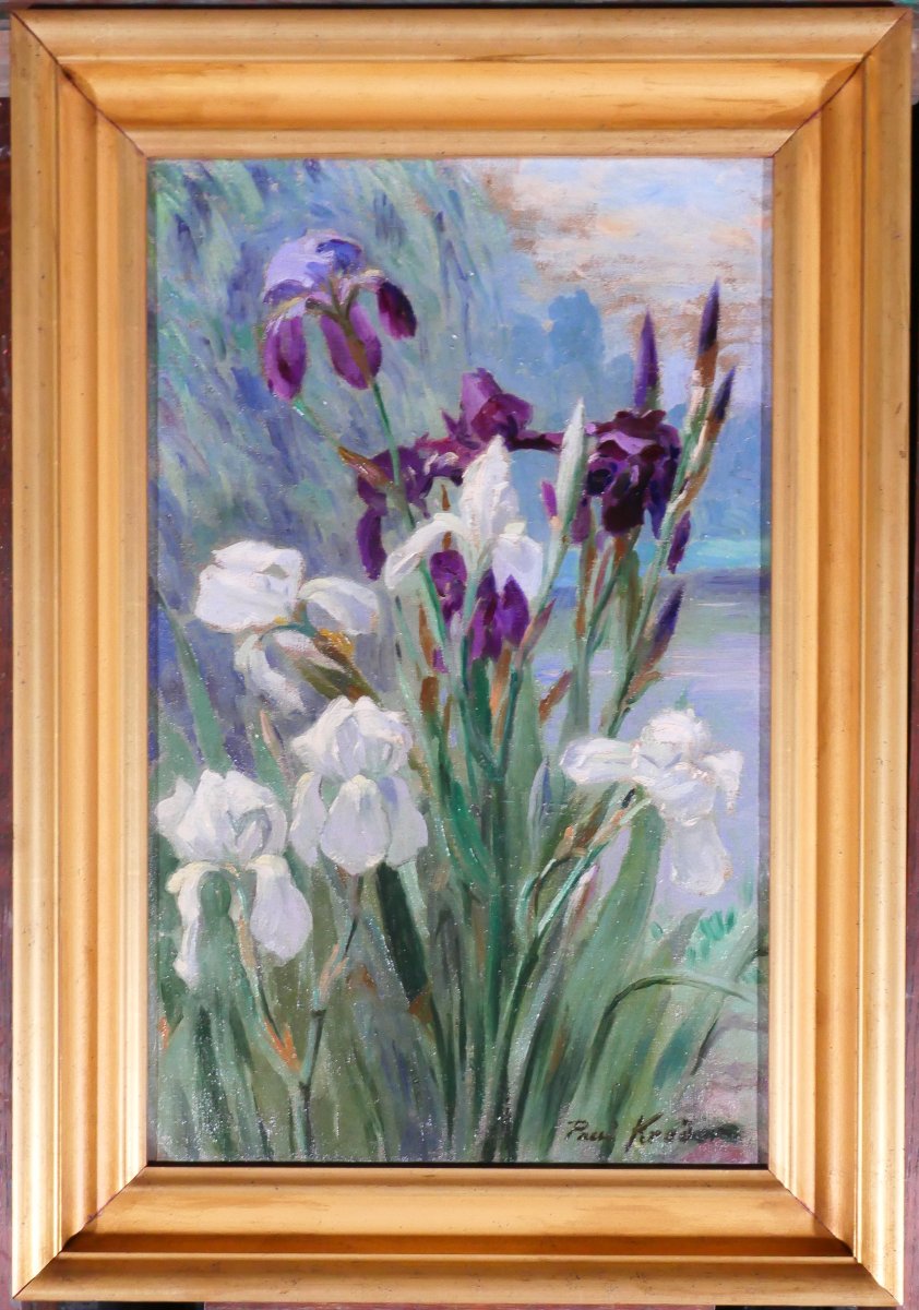 Paul-Eugène KREDER 1862 - 1920 Les iris, tableau 1890-1900 fleurs jardin impressionnisme-photo-2