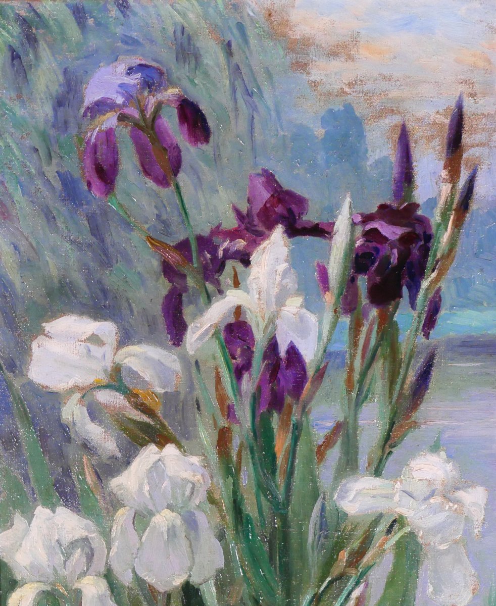 Paul-Eugène KREDER 1862 - 1920 Les iris, tableau 1890-1900 fleurs jardin impressionnisme-photo-3