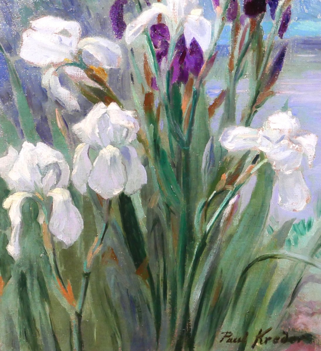 Paul-Eugène KREDER 1862 - 1920 Les iris, tableau 1890-1900 fleurs jardin impressionnisme-photo-4
