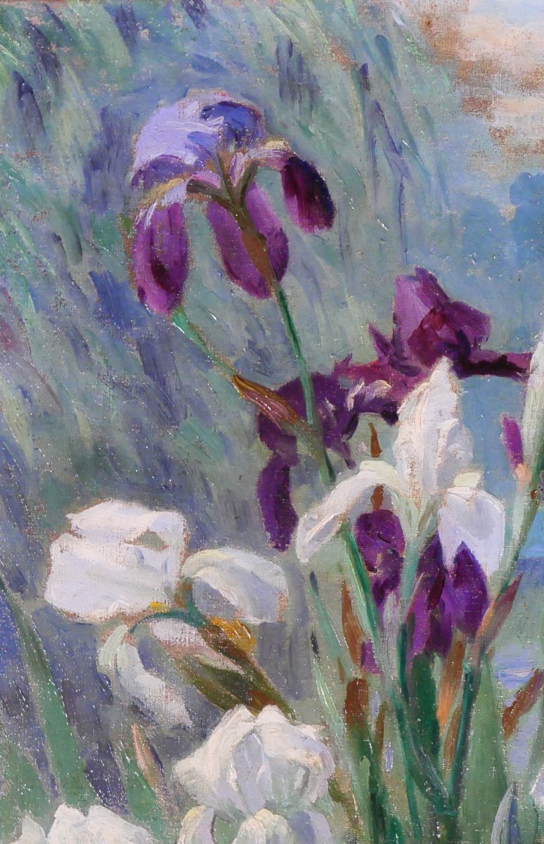 Paul-Eugène KREDER 1862 - 1920 Les iris, tableau 1890-1900 fleurs jardin impressionnisme-photo-1
